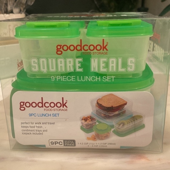 Good Cook Square Meals 9 Piece Lunch Set Green Modular with Icepack NWT Barcode - Picture 5 of 8